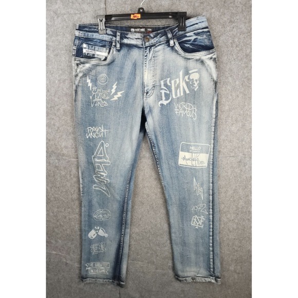 Ecko Unltd Jeans Men's 36 (FITS 35 x 30) ATHLETIC FIT AOP Graphic Skull Blue - Picture 1 of 9